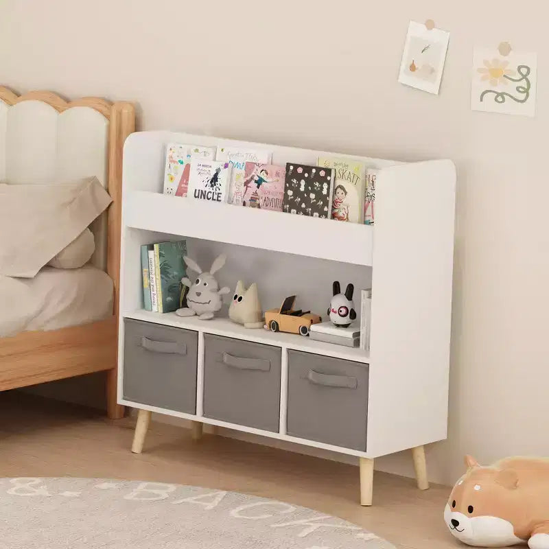 Étagère à livres pour enfants avec 3 bacs en tissu, présentoir à livres à 4 niveaux et organisateur de jouets pour salle de jeux, blanc/gris