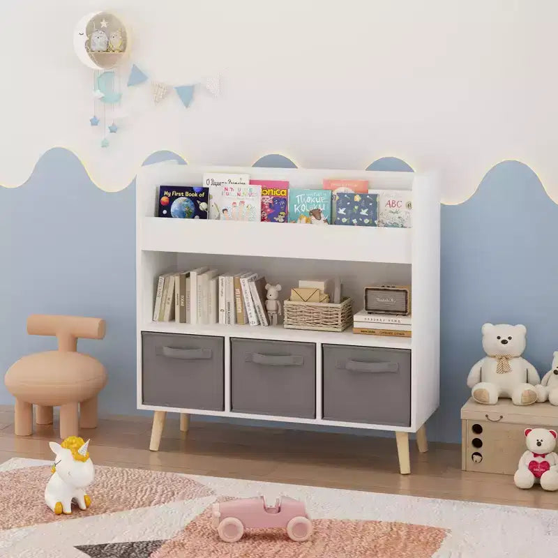 Étagère à livres pour enfants avec 3 bacs en tissu, présentoir à livres à 4 niveaux et organisateur de jouets pour salle de jeux, blanc/gris