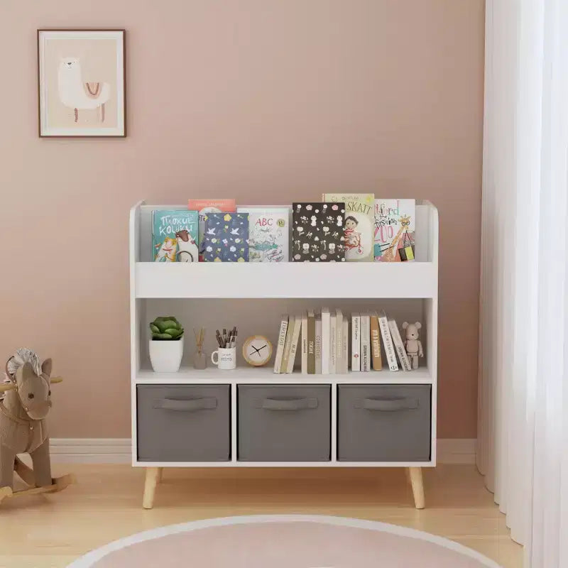 Étagère à livres pour enfants avec 3 bacs en tissu, présentoir à livres à 4 niveaux et organisateur de jouets pour salle de jeux, blanc/gris
