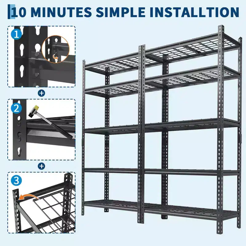 Étagère de garage métallique robuste à 5 niveaux, capacité de 1000 kg - Réglable pour rangement, garage et sous-sol
