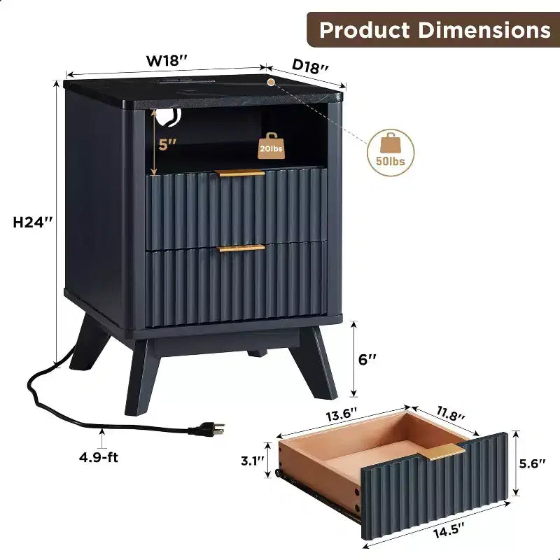 Ensemble de tables de chevet cannelées modernes avec station de recharge, plateau en faux marbre, 2 tiroirs de rangement