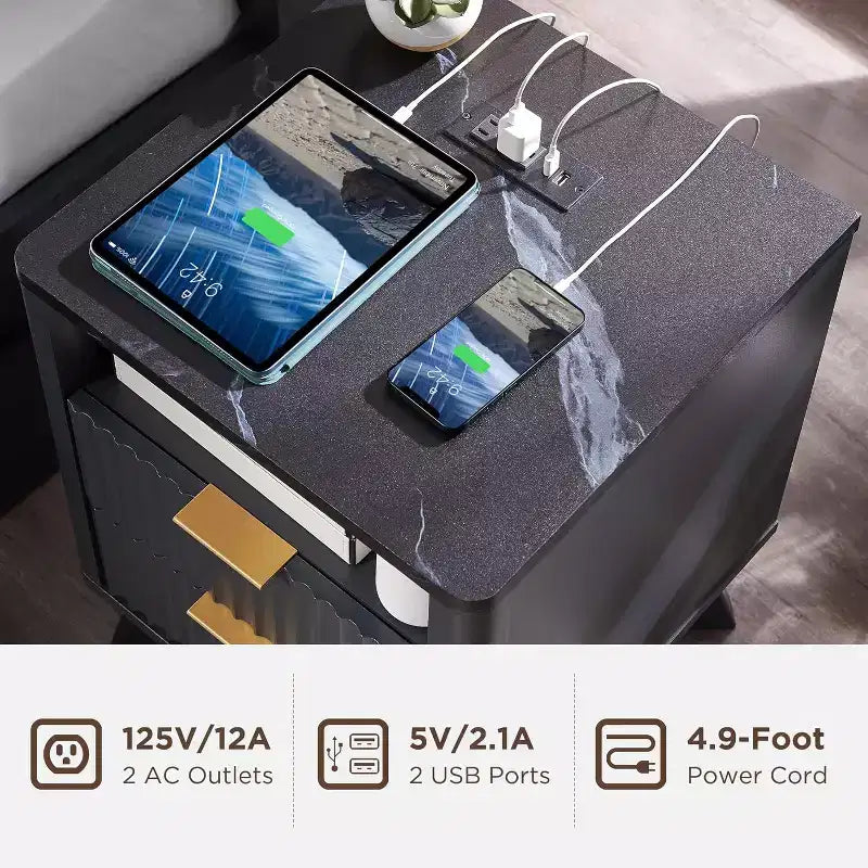 Ensemble de tables de chevet cannelées modernes avec station de recharge, plateau en faux marbre, 2 tiroirs de rangement