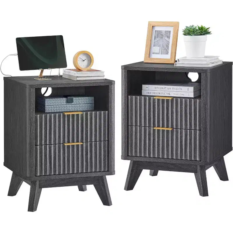 BALHAM TRADE-Modern Fluted Nightstand Set with Charging Station,Faux Marble Top 2 Drawer Storage