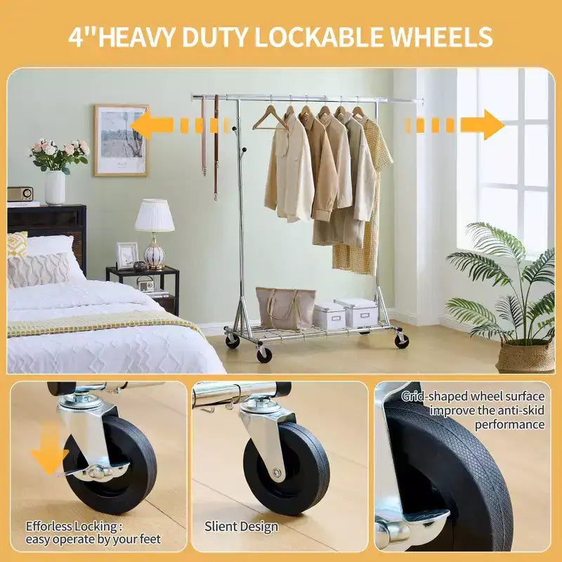 Porte-vêtements roulant robuste, portant à vêtements commercial en fer pliable (cintres portables pour chambre à coucher)