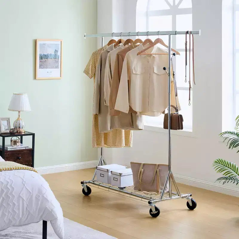 Porte-vêtements roulant robuste, portant à vêtements commercial en fer pliable (cintres portables pour chambre à coucher)