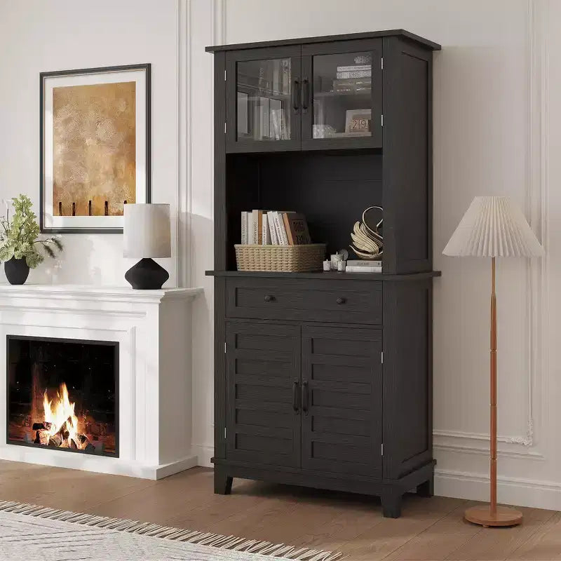 72 Kitchen Pantry &amp; Bar Cabinet with Microwave Stand - Tall Hutch with Glass Doors &amp; Drawers for Living Room,Dining Room