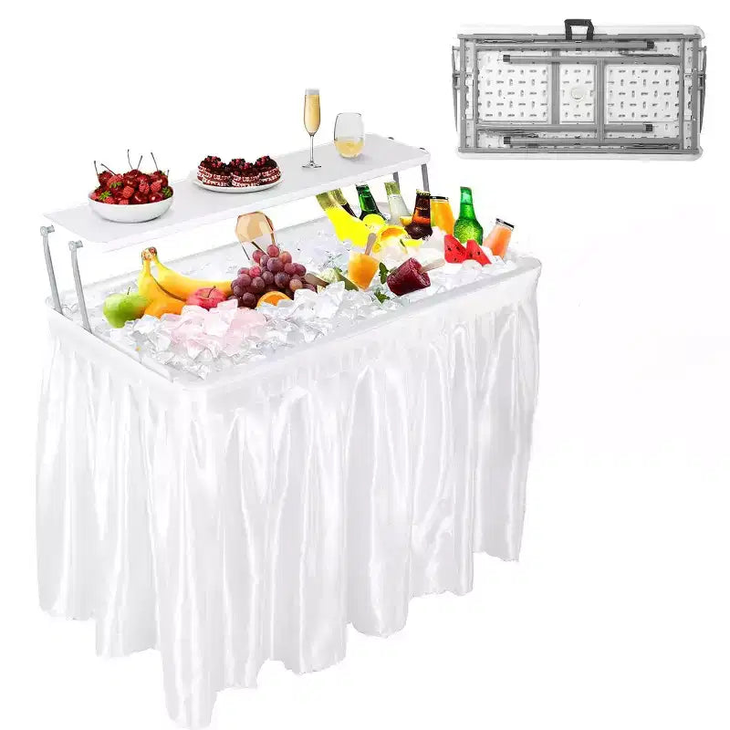 Folding Outdoor Ice Cooler Table with Drain &amp; Storage Shelf, Portable Party Ice Serving Table with Skirt for Camping, Picnic &amp; Events, White