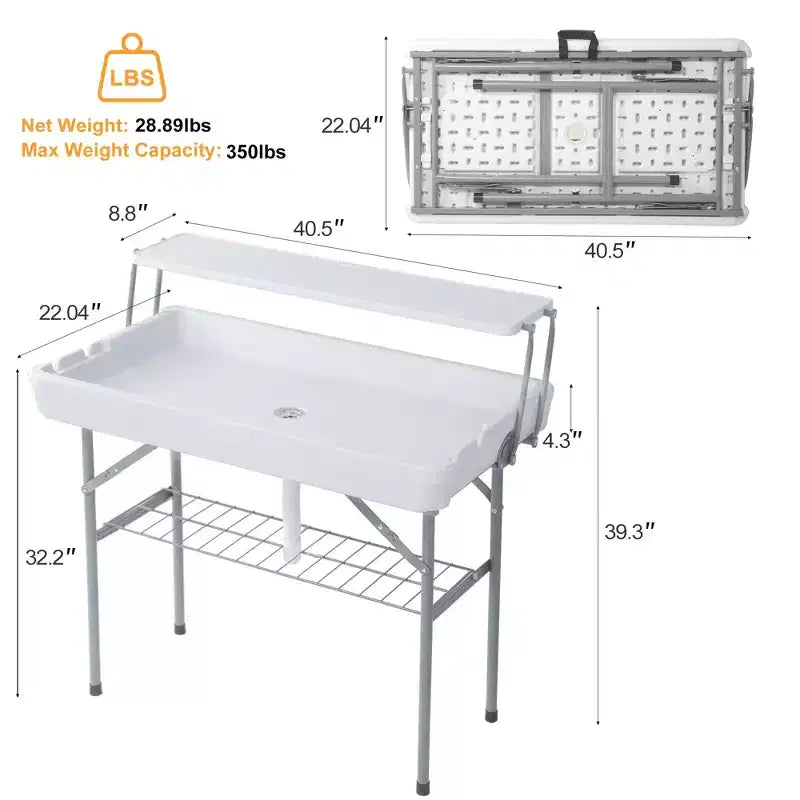 Table réfrigérante pliante d'extérieur avec drain et étagère de rangement, table de service à glace portable avec jupe pour le camping, les pique-niques et les événements, blanc