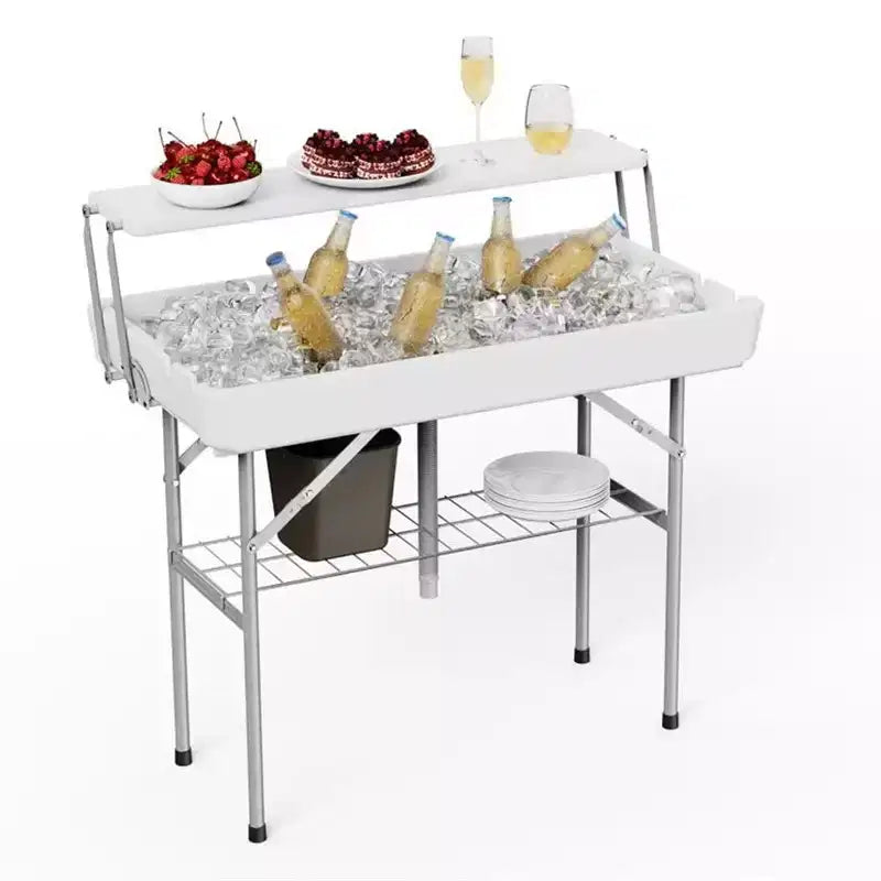 Table réfrigérante pliante d'extérieur avec drain et étagère de rangement, table de service à glace portable avec jupe pour le camping, les pique-niques et les événements, blanc