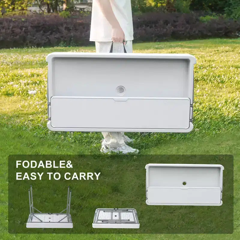 Table réfrigérante pliante d'extérieur avec drain et étagère de rangement, table de service à glace portable avec jupe pour le camping, les pique-niques et les événements, blanc