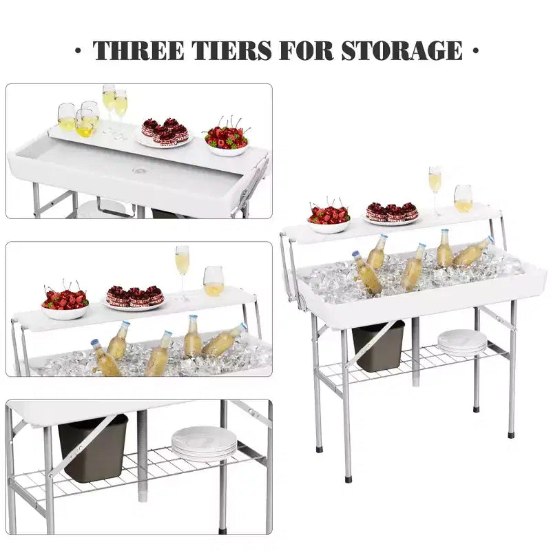 Table réfrigérante pliante d'extérieur avec drain et étagère de rangement, table de service à glace portable avec jupe pour le camping, les pique-niques et les événements, blanc