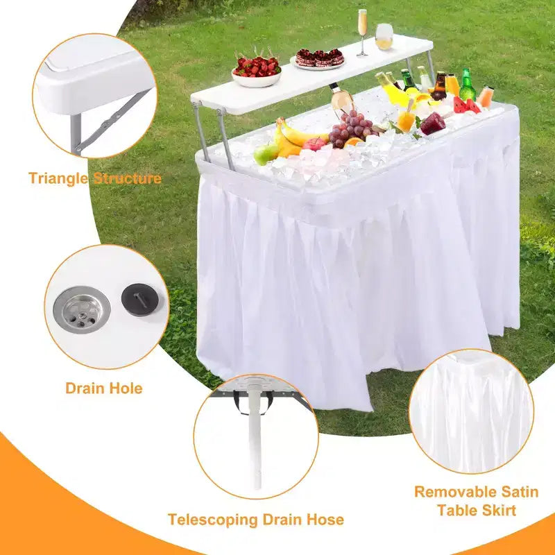 Table réfrigérante pliante d'extérieur avec drain et étagère de rangement, table de service à glace portable avec jupe pour le camping, les pique-niques et les événements, blanc