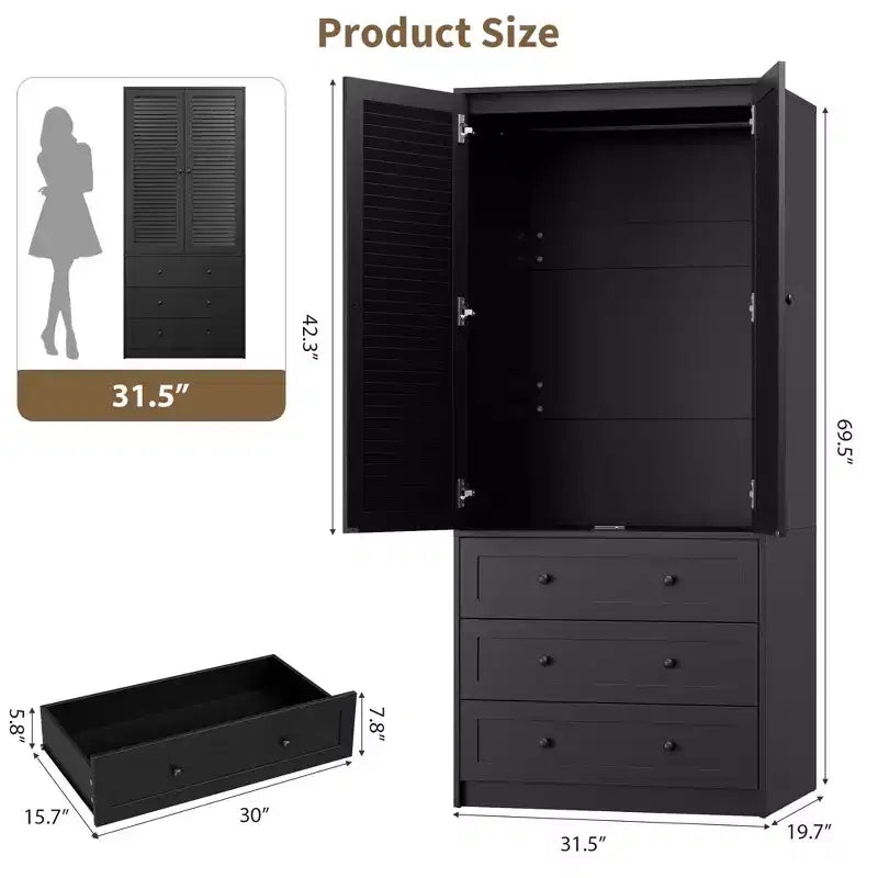 Armoire avec tiroirs, armoire de rangement double porte pour chambre à coucher