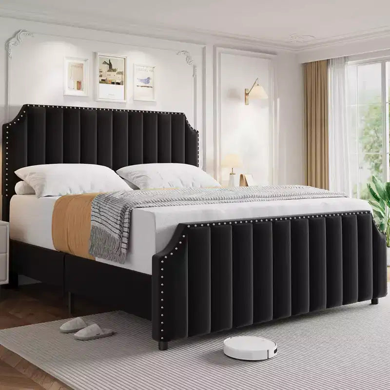 Soft Upholstered Platform Bed Frame  50.2 Tall Vertical Channel Tufted Headboard &amp; Footboard, Nailhead Trim, Wooden Slats, Easy Assembly
