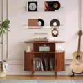 35'' Fluted Mid Century Modern Turntable Cabinet, Large Round Record Player Stand with Charging Station and Display Shelf, for Living Room