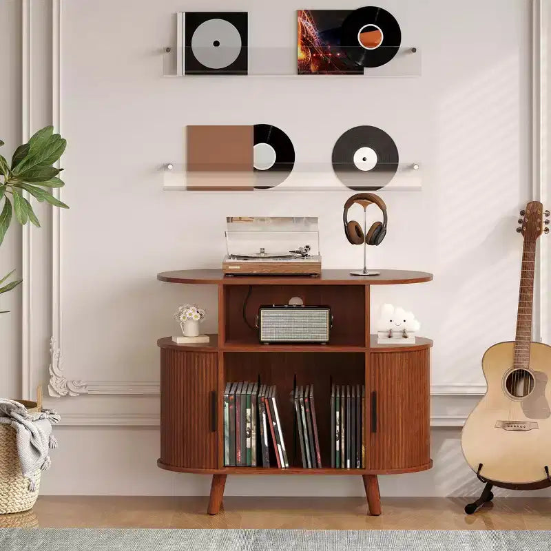 35'' Fluted Mid Century Modern Turntable Cabinet, Large Round Record Player Stand with Charging Station and Display Shelf, for Living Room