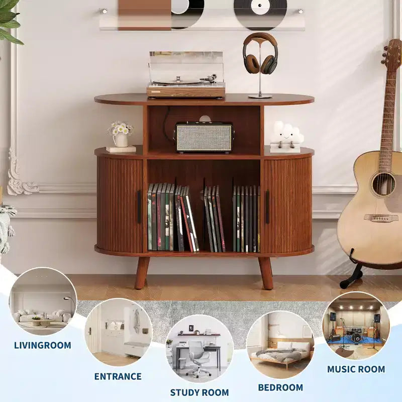 Meuble tourne-disque cannelé Mid-Century Modern de 89 cm, grand support de platine vinyle rond avec station de charge et étagère de présentation, pour salon