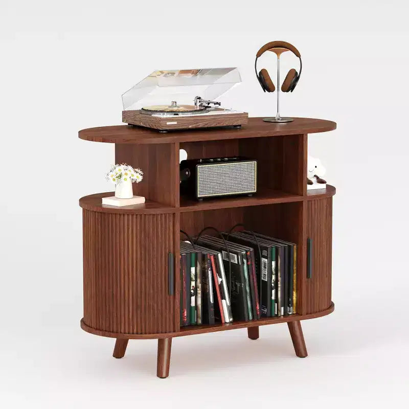 Meuble tourne-disque cannelé Mid-Century Modern de 89 cm, grand support de platine vinyle rond avec station de charge et étagère de présentation, pour salon