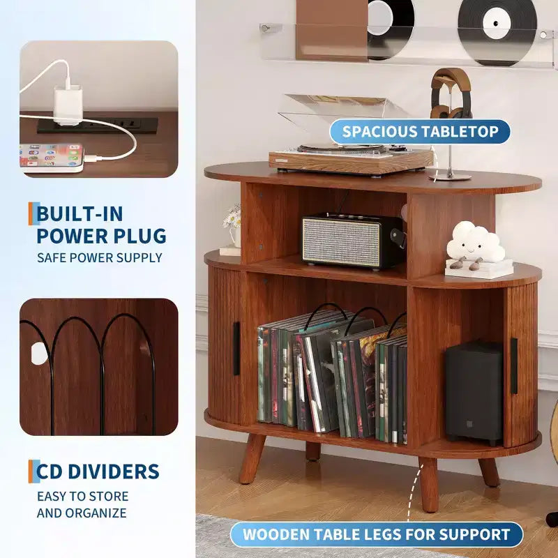 Meuble tourne-disque cannelé Mid-Century Modern de 89 cm, grand support de platine vinyle rond avec station de charge et étagère de présentation, pour salon