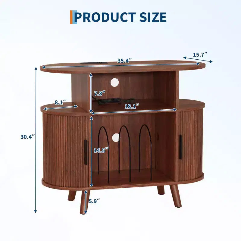 Meuble tourne-disque cannelé Mid-Century Modern de 89 cm, grand support de platine vinyle rond avec station de charge et étagère de présentation, pour salon