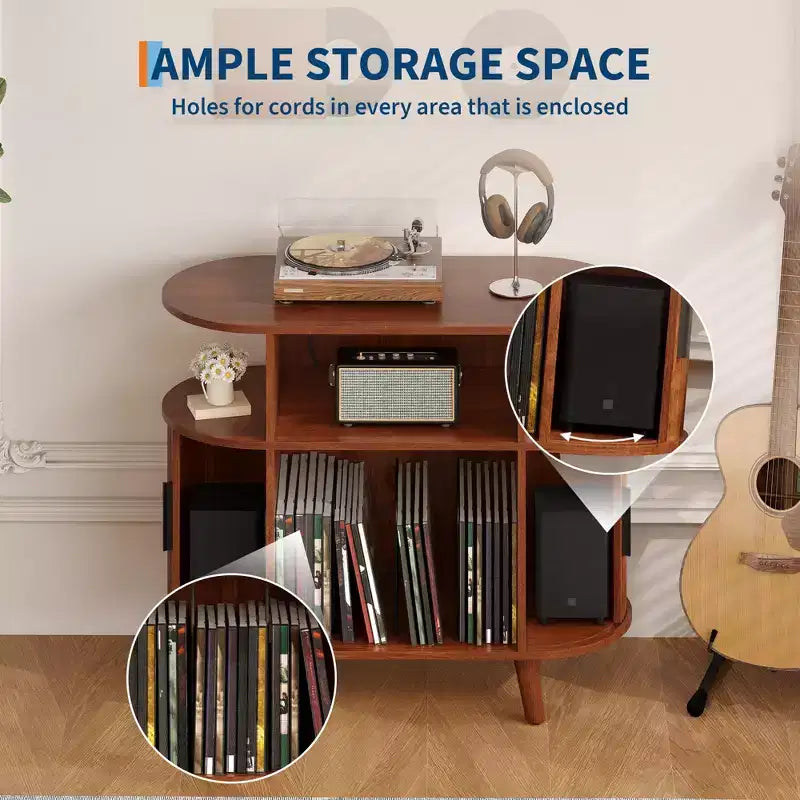 Meuble tourne-disque cannelé Mid-Century Modern de 89 cm, grand support de platine vinyle rond avec station de charge et étagère de présentation, pour salon