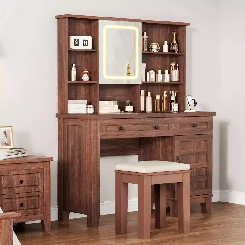 Makeup Vanity Desk with Mirror , 42 in Glass Top White Vanity Table , Upholstered Stool, Drawers, Cabinet &amp; Open