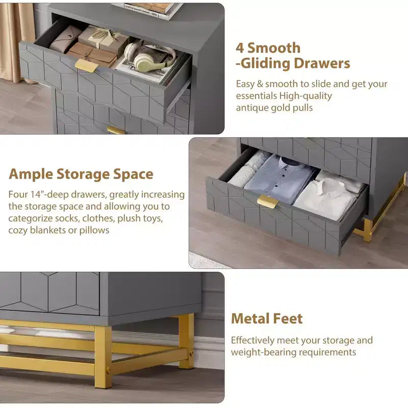 Commode de chambre, commode en bois rose à 4 tiroirs avec poignées, rangement moderne pour couloir et entrée