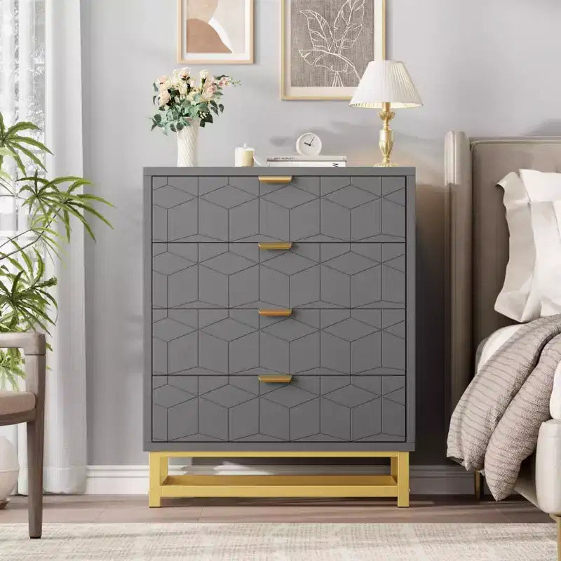 Commode de chambre, commode en bois rose à 4 tiroirs avec poignées, rangement moderne pour couloir et entrée