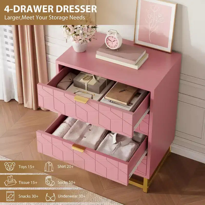 Commode de chambre, commode en bois rose à 4 tiroirs avec poignées, rangement moderne pour couloir et entrée