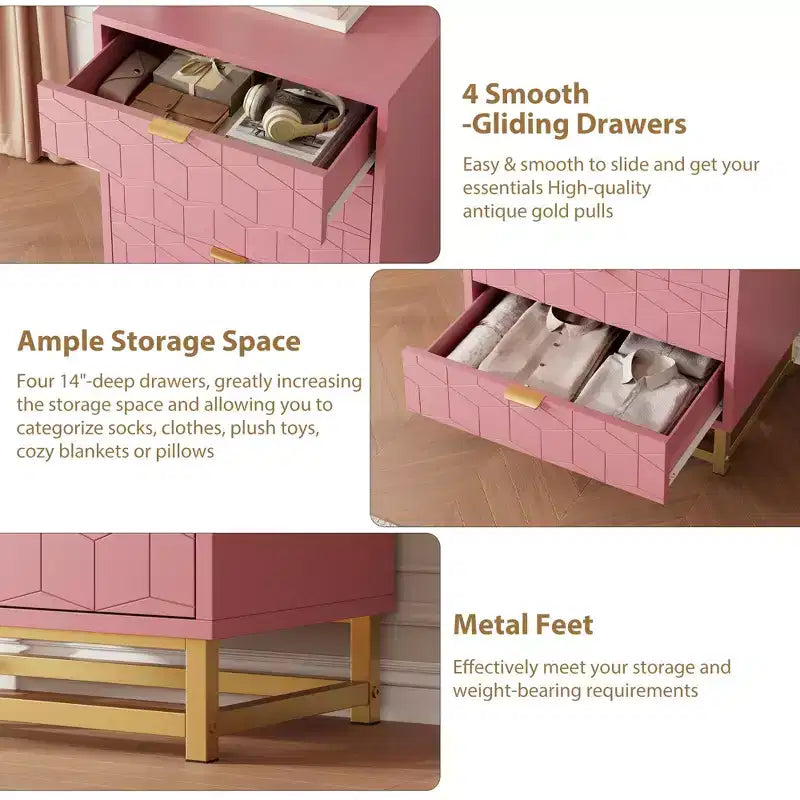 Commode de chambre, commode en bois rose à 4 tiroirs avec poignées, rangement moderne pour couloir et entrée