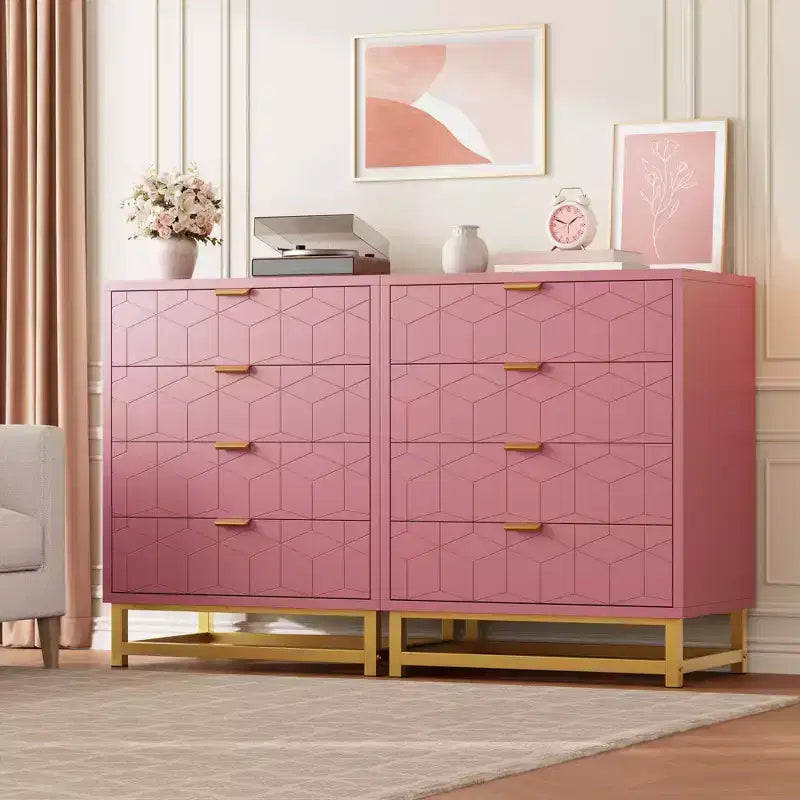 Commode de chambre, commode en bois rose à 4 tiroirs avec poignées, rangement moderne pour couloir et entrée
