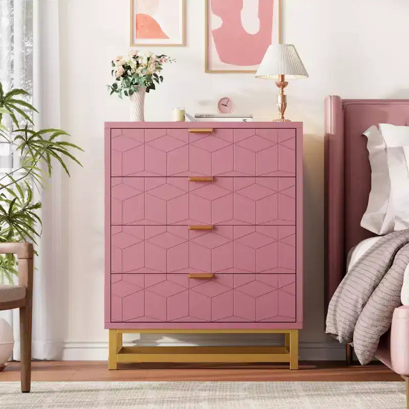 Commode de chambre, commode en bois rose à 4 tiroirs avec poignées, rangement moderne pour couloir et entrée