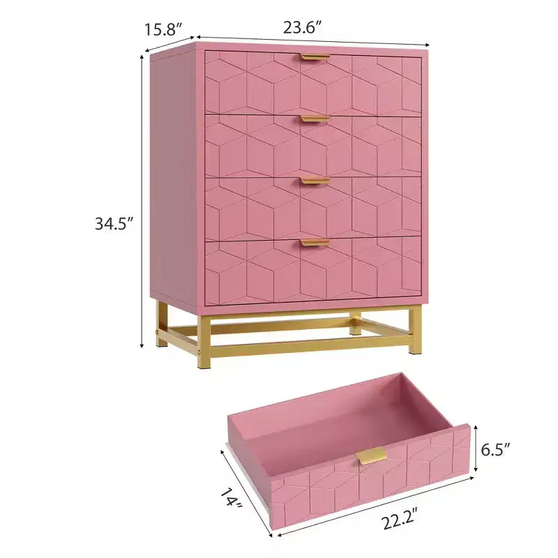 Commode de chambre, commode en bois rose à 4 tiroirs avec poignées, rangement moderne pour couloir et entrée