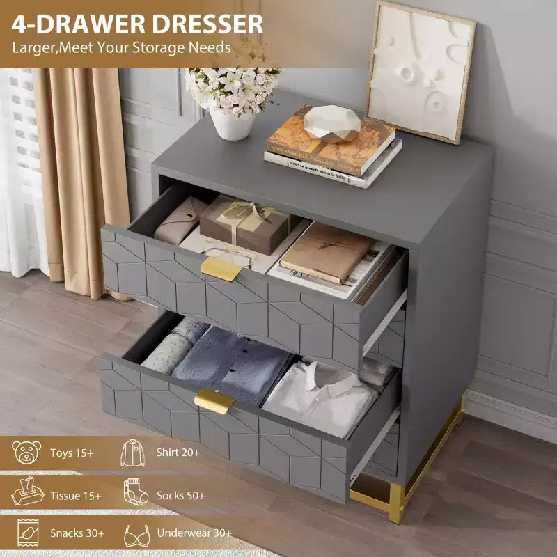 Commode de chambre, commode en bois rose à 4 tiroirs avec poignées, rangement moderne pour couloir et entrée