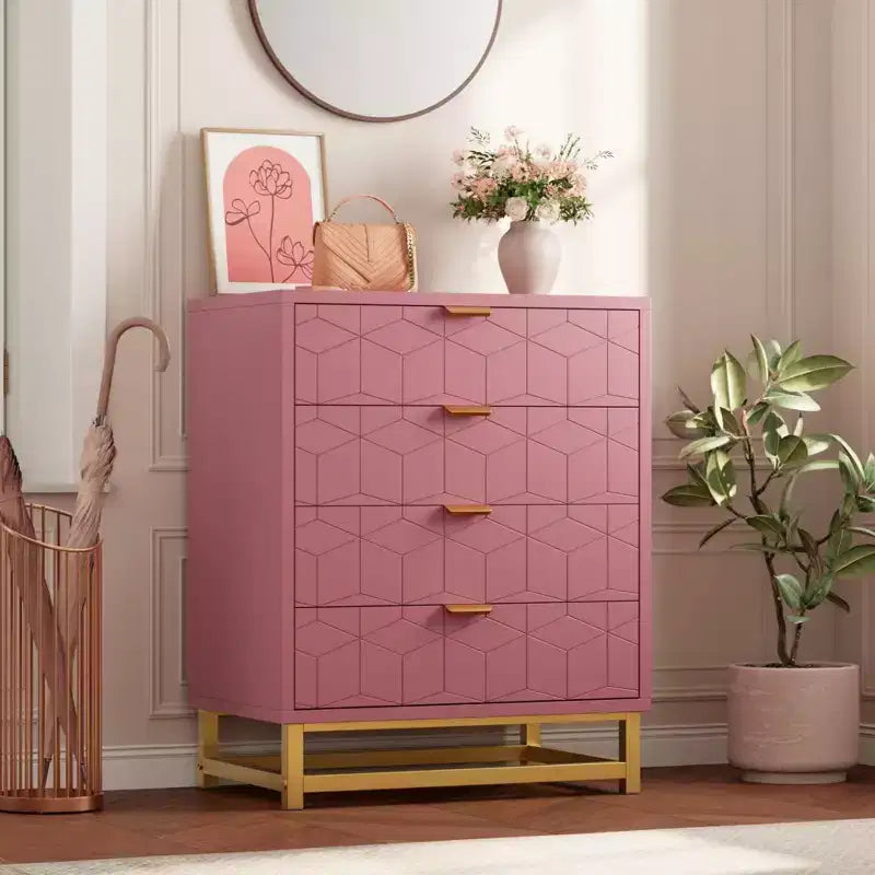 Commode de chambre, commode en bois rose à 4 tiroirs avec poignées, rangement moderne pour couloir et entrée
