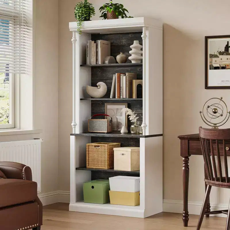 White Bookshelf with Adjustable Shelves, 5-Tier Display Cabinet with LED Light