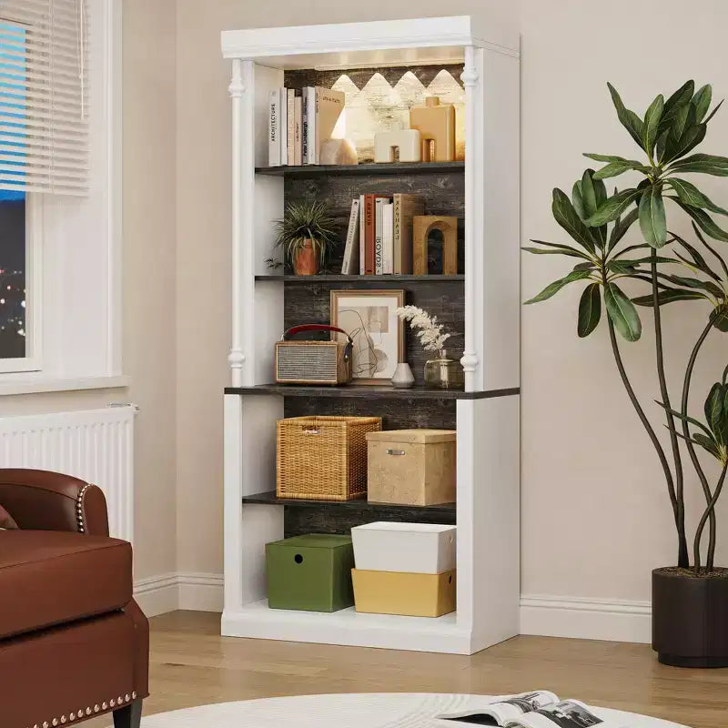 Étagère blanche avec étagères réglables, Vitrine à 5 niveaux avec lumière LED
