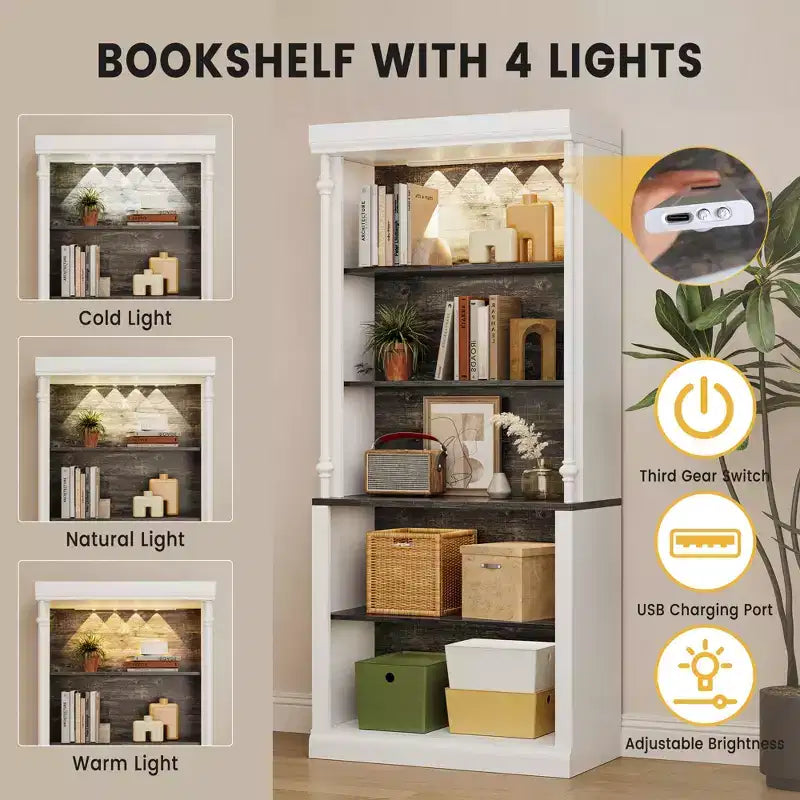 Étagère blanche avec étagères réglables, Vitrine à 5 niveaux avec lumière LED