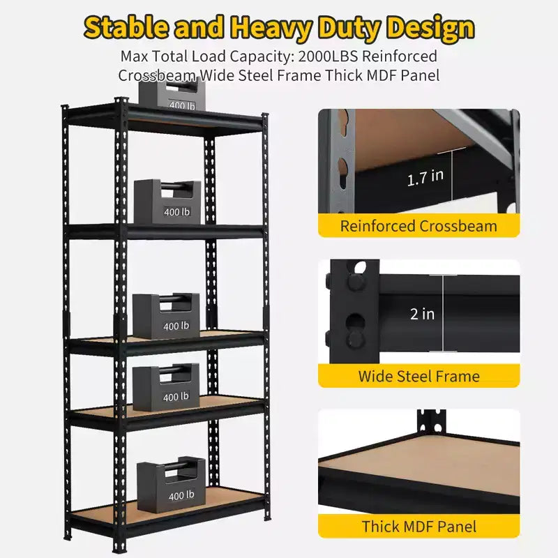 Étagères de rangement robustes, étagères de rangement de garage à 5 niveaux, unité d'étagères de rangement métalliques réglables, étagères de rangement de garage faciles à assembler