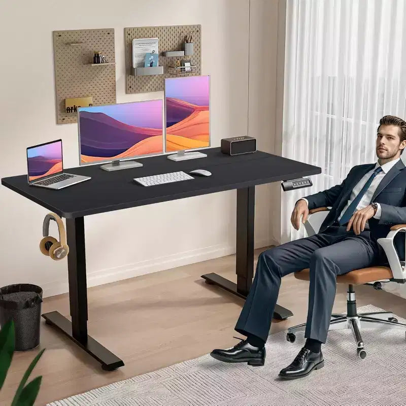 Bureau d'ordinateur électrique réglable en hauteur 70 x 27 avec préréglages de mémoire | Crochet gratuit | Roues verrouillables | Tapis de souris pour le jeu/le travail