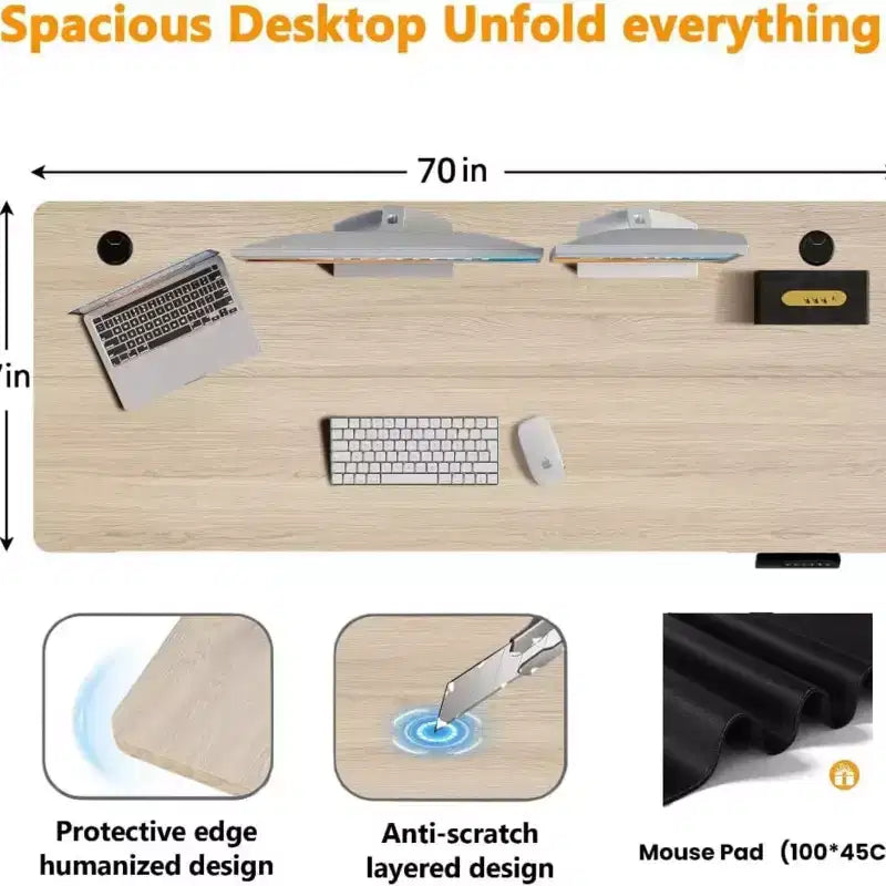 Bureau d'ordinateur électrique réglable en hauteur 70 x 27 avec préréglages de mémoire | Crochet gratuit | Roues verrouillables | Tapis de souris pour le jeu/le travail