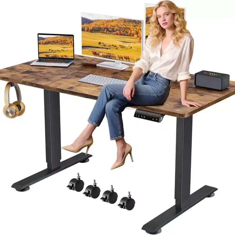 Bureau d'ordinateur électrique réglable en hauteur 70 x 27 avec préréglages de mémoire | Crochet gratuit | Roues verrouillables | Tapis de souris pour le jeu/le travail