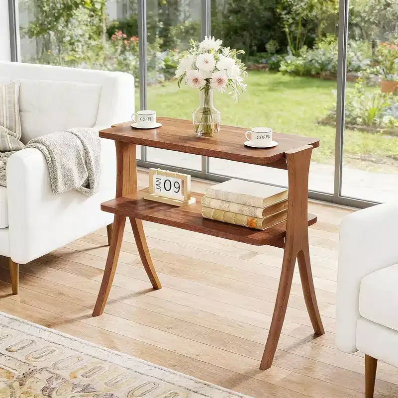 Wood End Table, Farmhouse Side Table with 2-Tier Storage Shelf