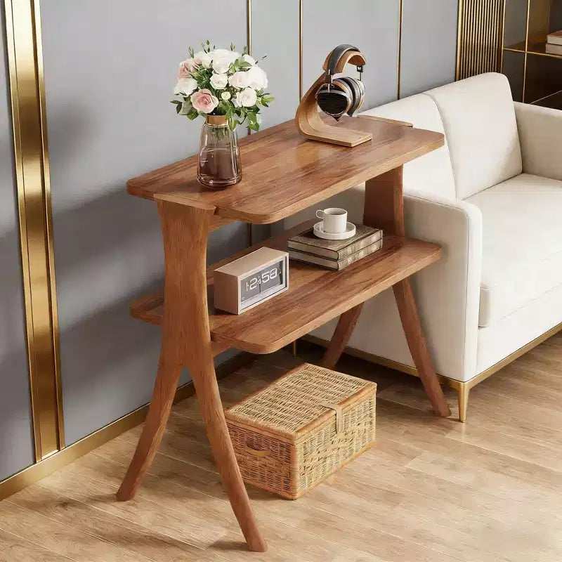 Table d'appoint en bois, Table d'appoint de style rustique avec étagère de rangement à 2 niveaux