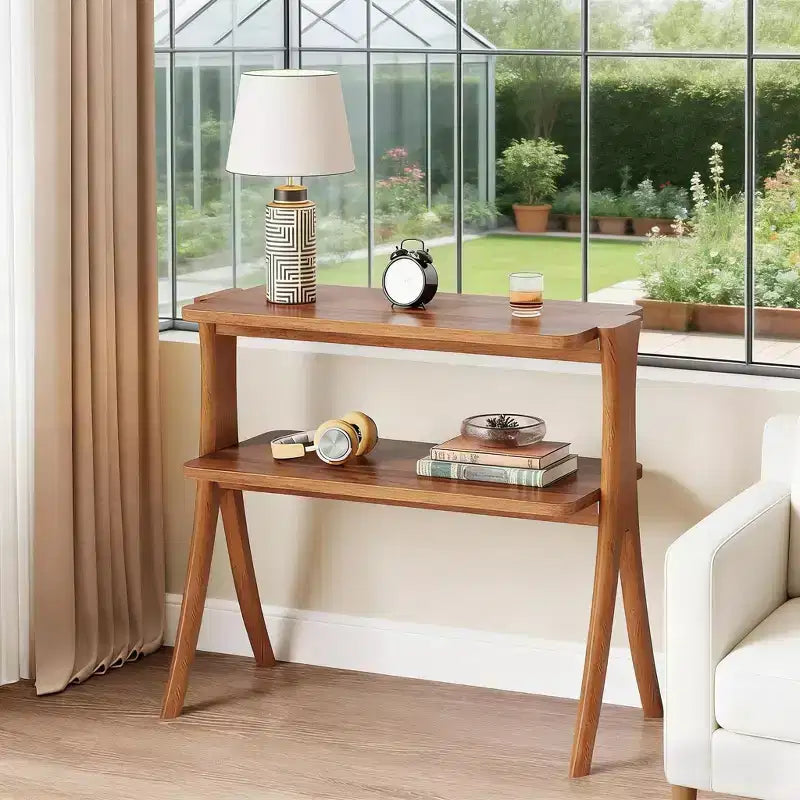 Table d'appoint en bois, Table d'appoint de style rustique avec étagère de rangement à 2 niveaux