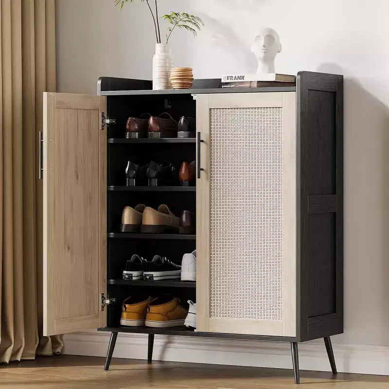 Rattan Shoe Cabinet, 5-Tier Shoe Storage Cabinet with Heavy Duty Metal Legs, Farmhouse Shoes Organizer for Entryway Hallway Living Room,black