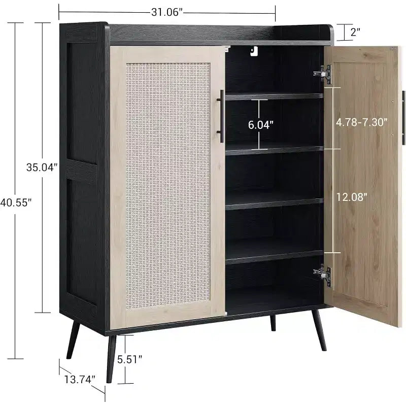 Meuble à chaussures en rotin, meuble de rangement à chaussures à 5 niveaux avec pieds en métal robustes, organisateur de chaussures de style ferme pour entrée, couloir, salon, noir