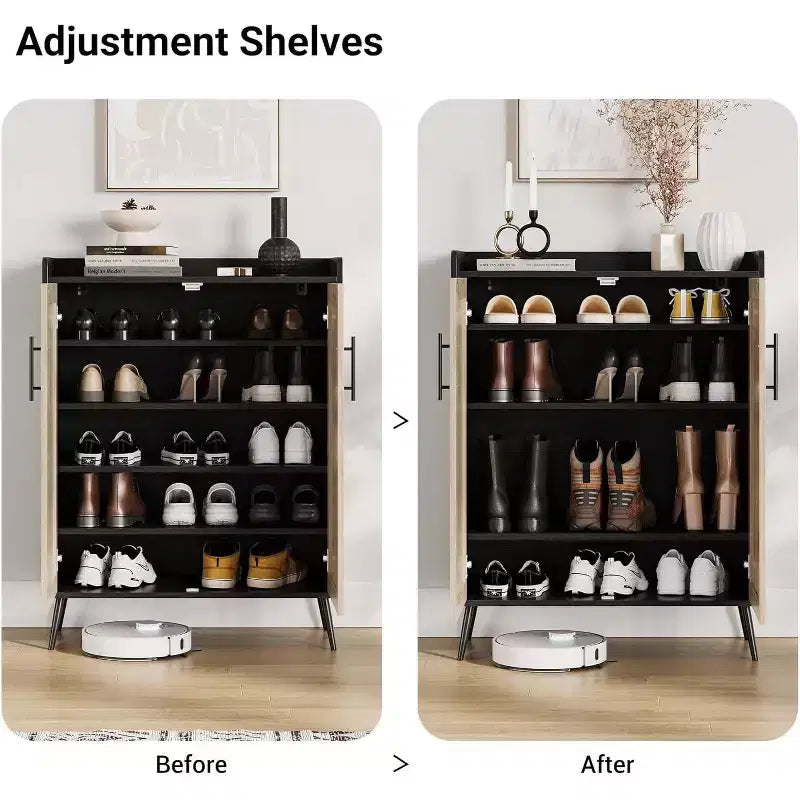 Meuble à chaussures en rotin, meuble de rangement à chaussures à 5 niveaux avec pieds en métal robustes, organisateur de chaussures de style ferme pour entrée, couloir, salon, noir