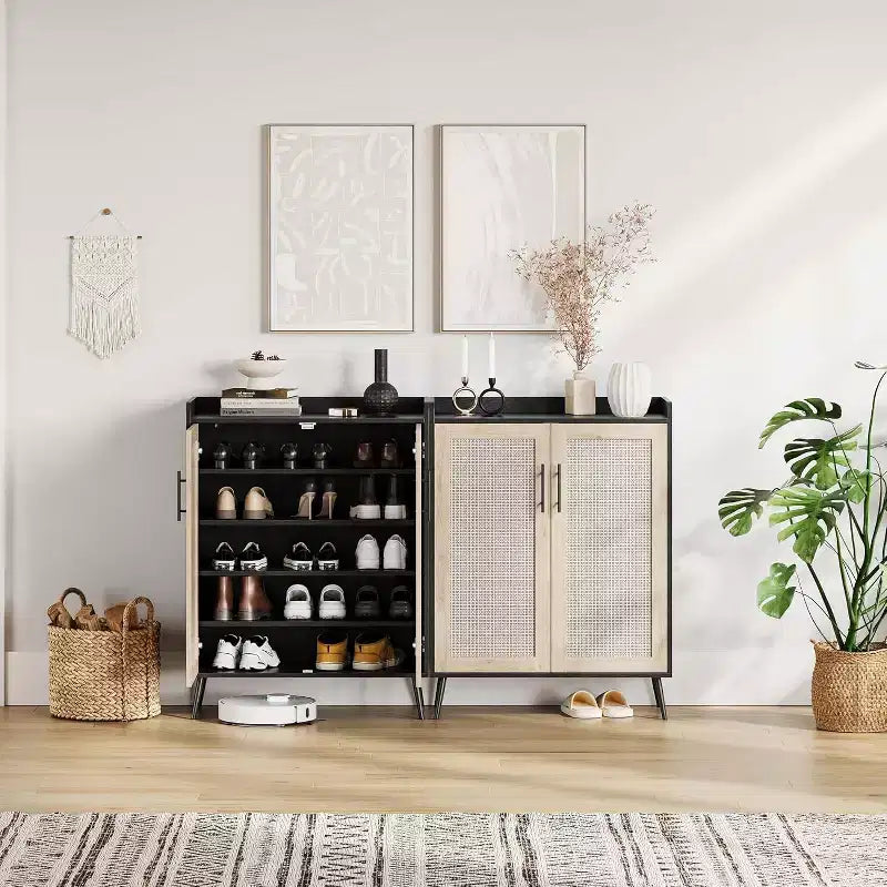 Meuble à chaussures en rotin, meuble de rangement à chaussures à 5 niveaux avec pieds en métal robustes, organisateur de chaussures de style ferme pour entrée, couloir, salon, noir