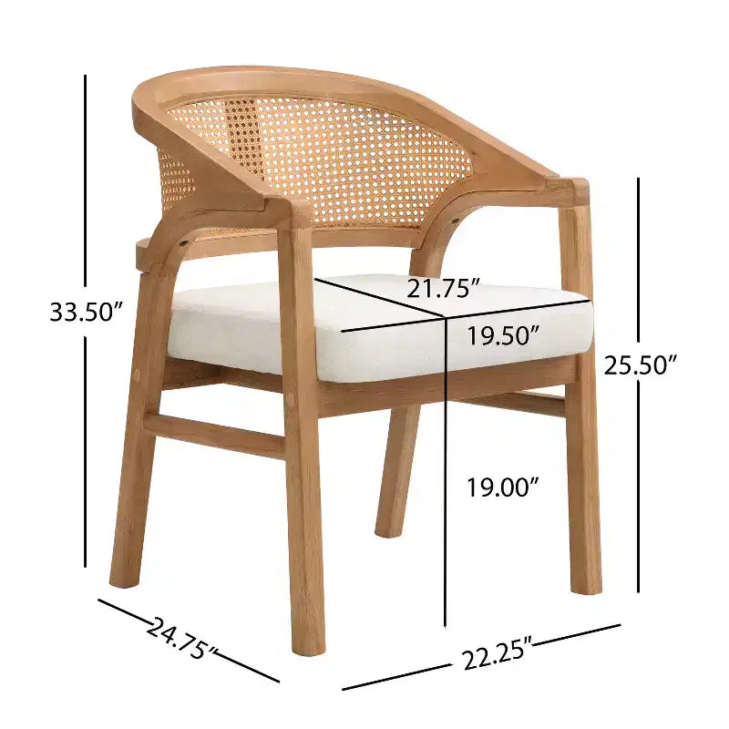 Chaise de salle à manger capitonnée en bois d'hévéa avec dossier incurvé en rotin